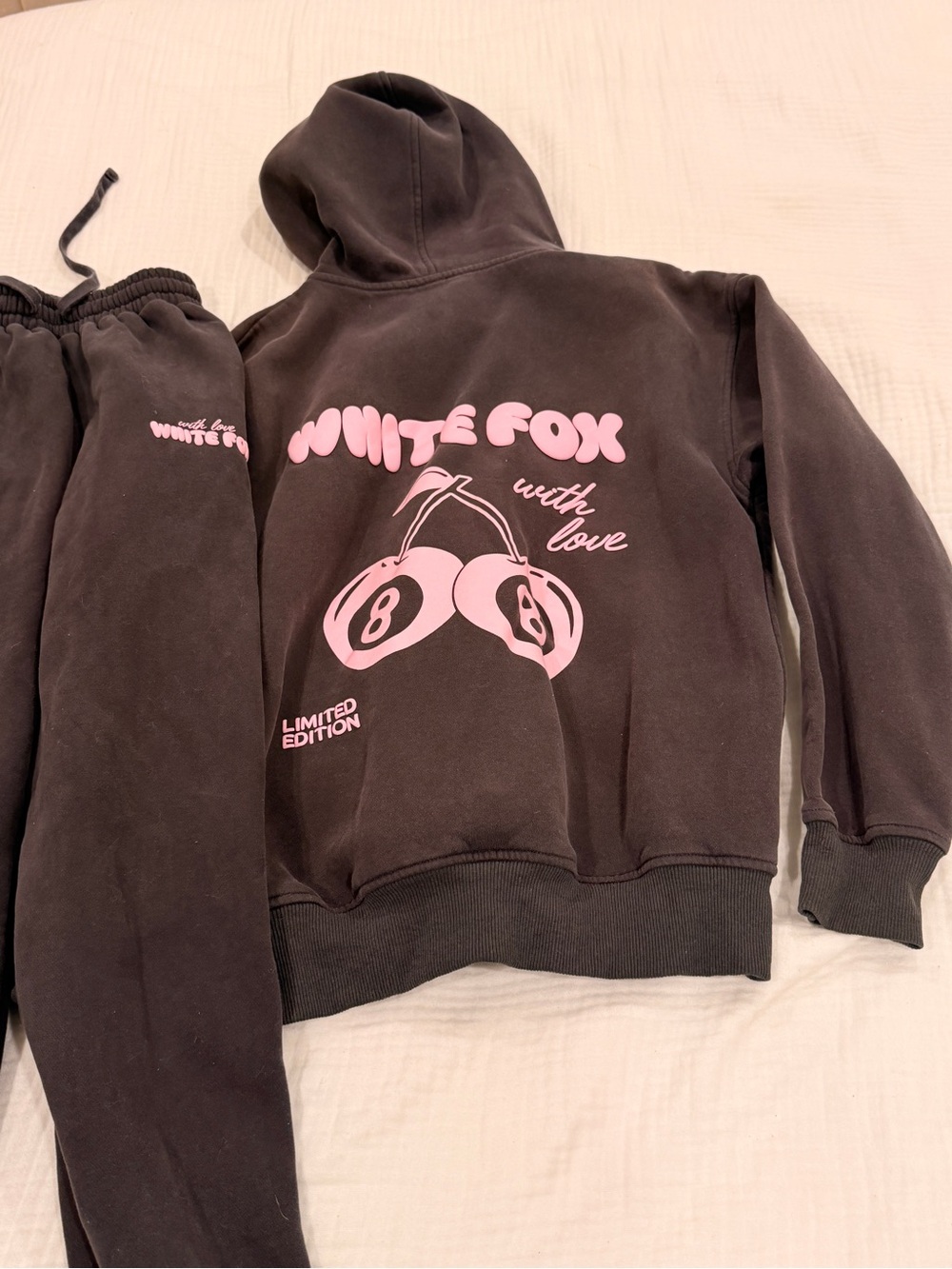 Women's White Fox Dark Charcoal Hoodie with Cherry Graphic and Sweat Pant Set
